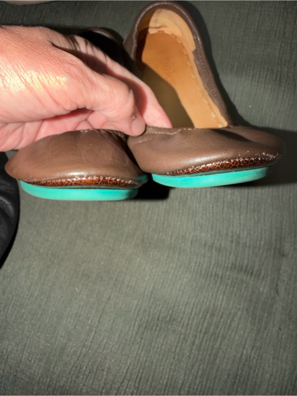 Tieks Brown Leather Ballet Flats with Teal Pull Tab - Picture 2 of 3